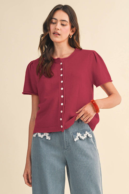 Short Sleeve Sweater Cardigan in Velvet Fuschia