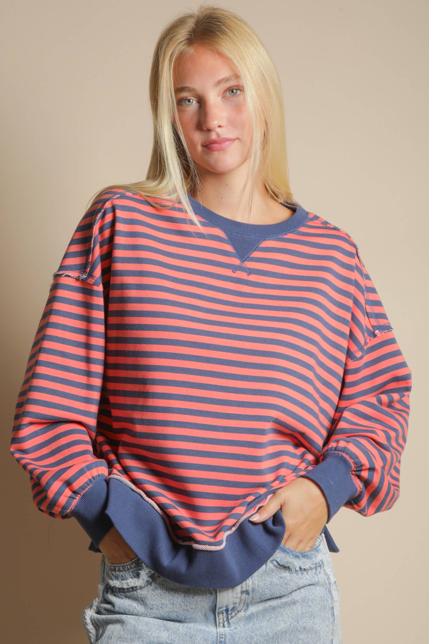 Stripe Casual Oversized Top in Coral/Navy