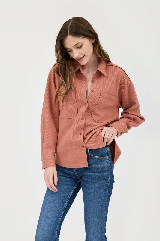 Exposed Seam Ribbed Button Up Top in Terracotta