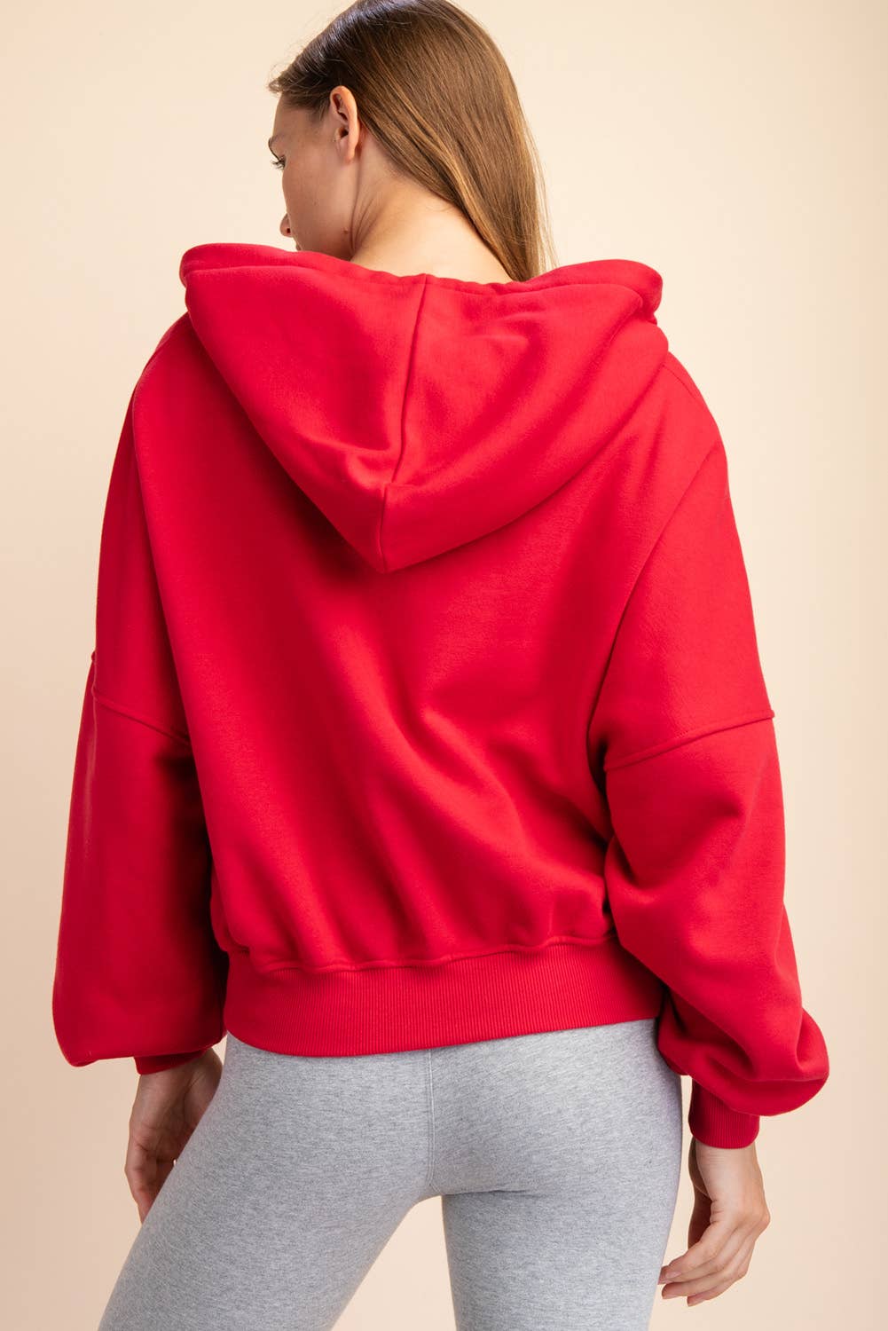 French Terry Fleece Quarter Zip Hoodie in True Red