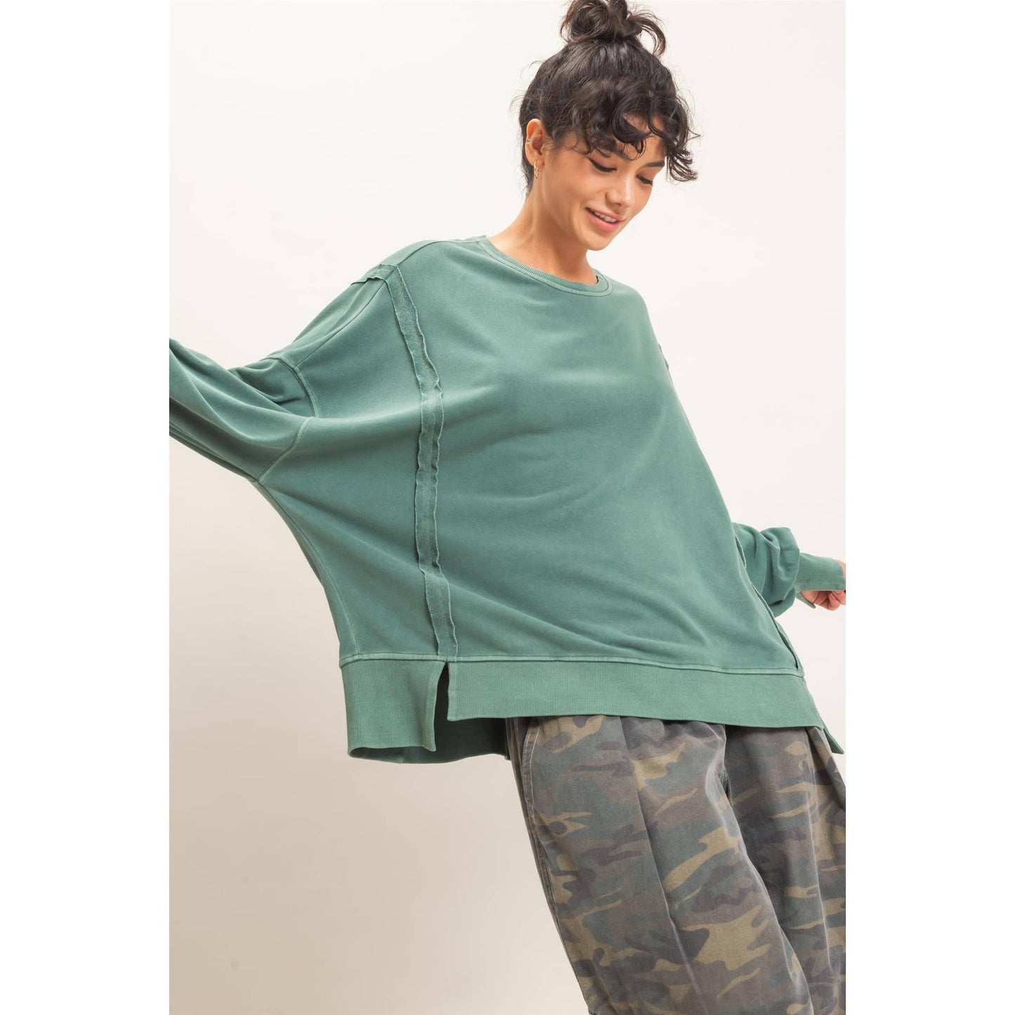 Oversized Raw Edge Top in Green
