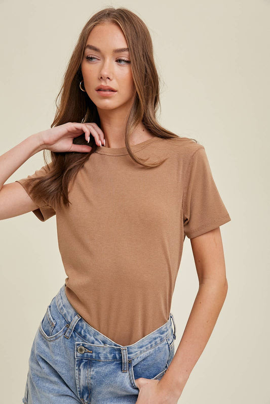 Ribbed Basic Tee in Camel