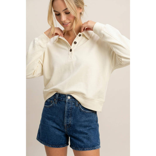 Button-Front Sweatshirt in Cream