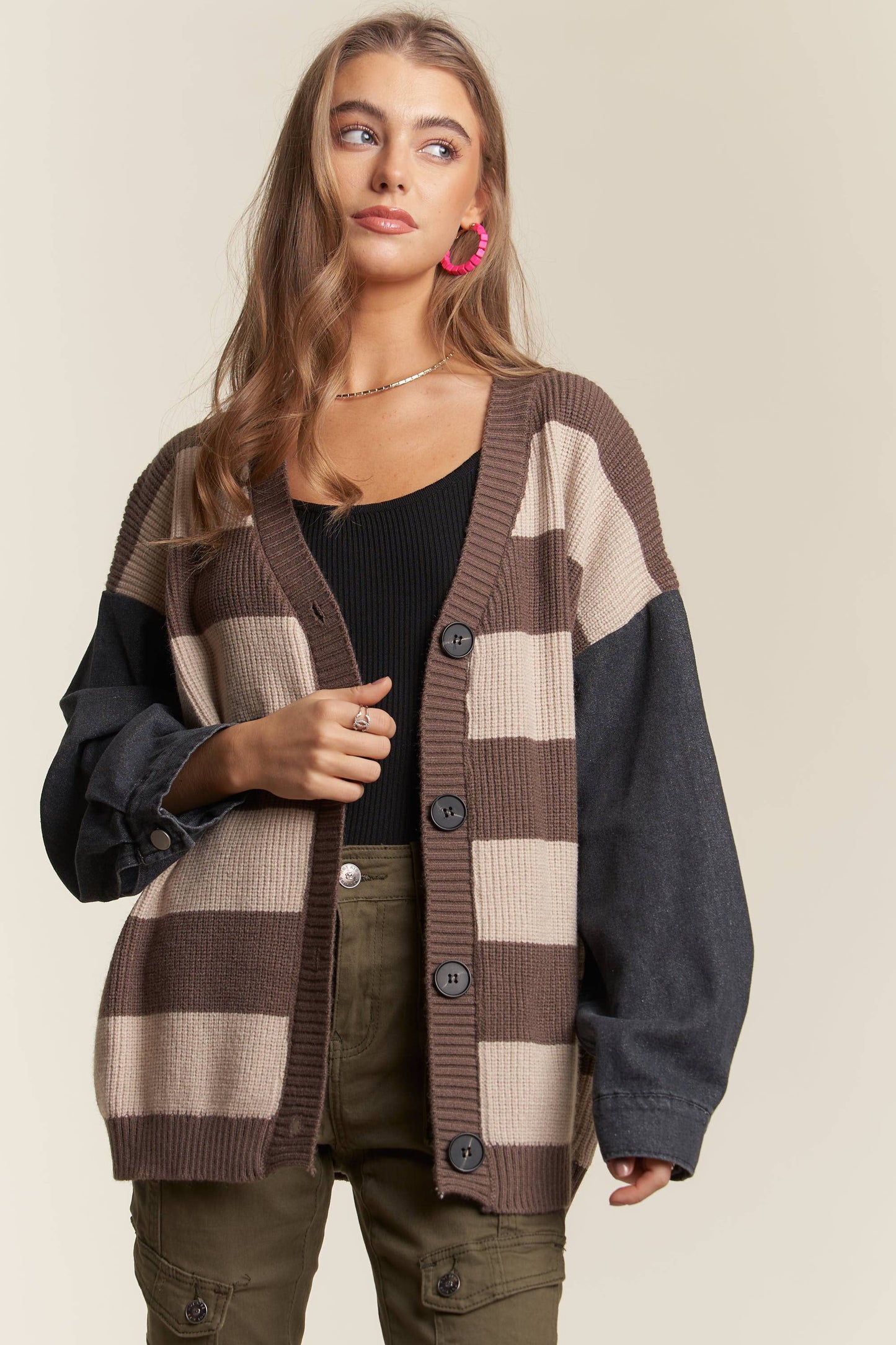 Denim Sleeve Stripe Sweater Cardigan in Mocha