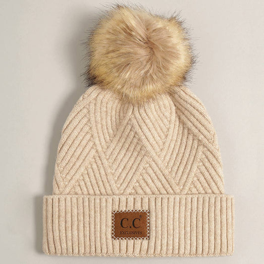 Heather Cuff Pom Hat in Beige