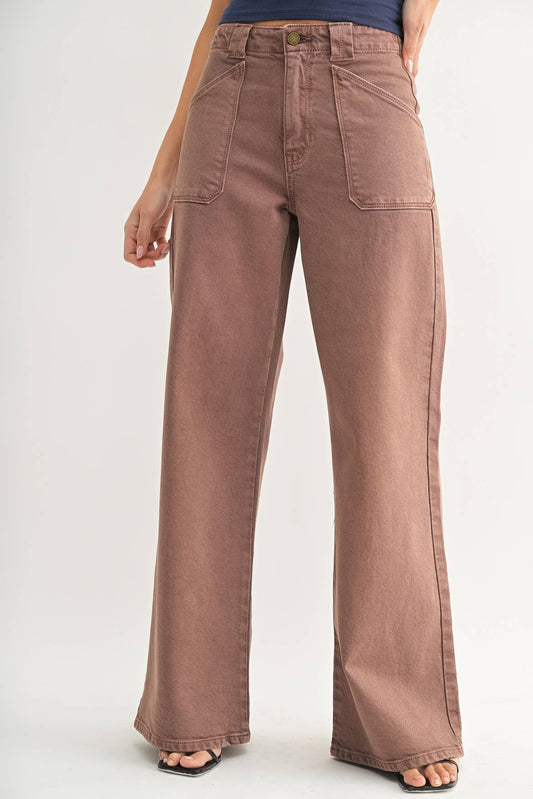 Patch Pocket Wide Leg Flare Denim in Brown