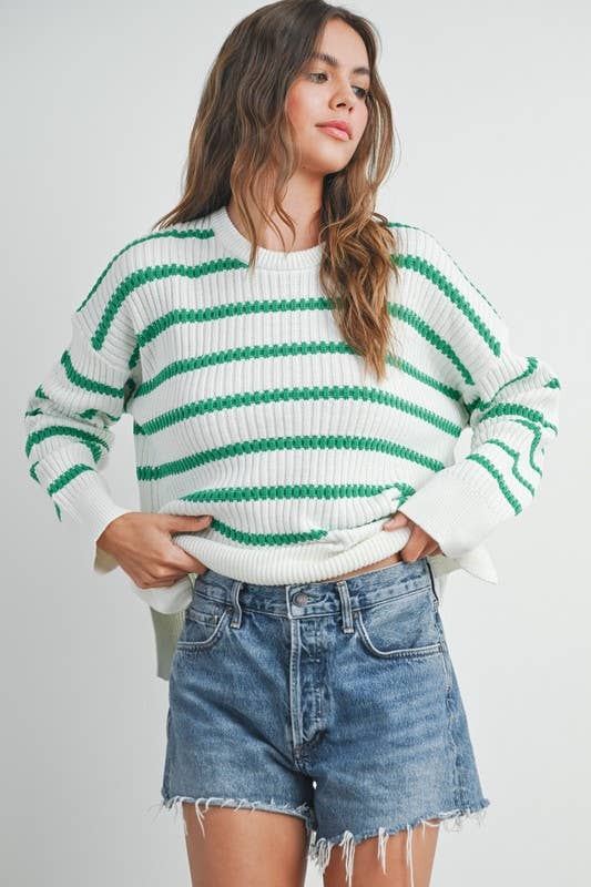 Striped Boat Neck Sweater in Green/Ivory