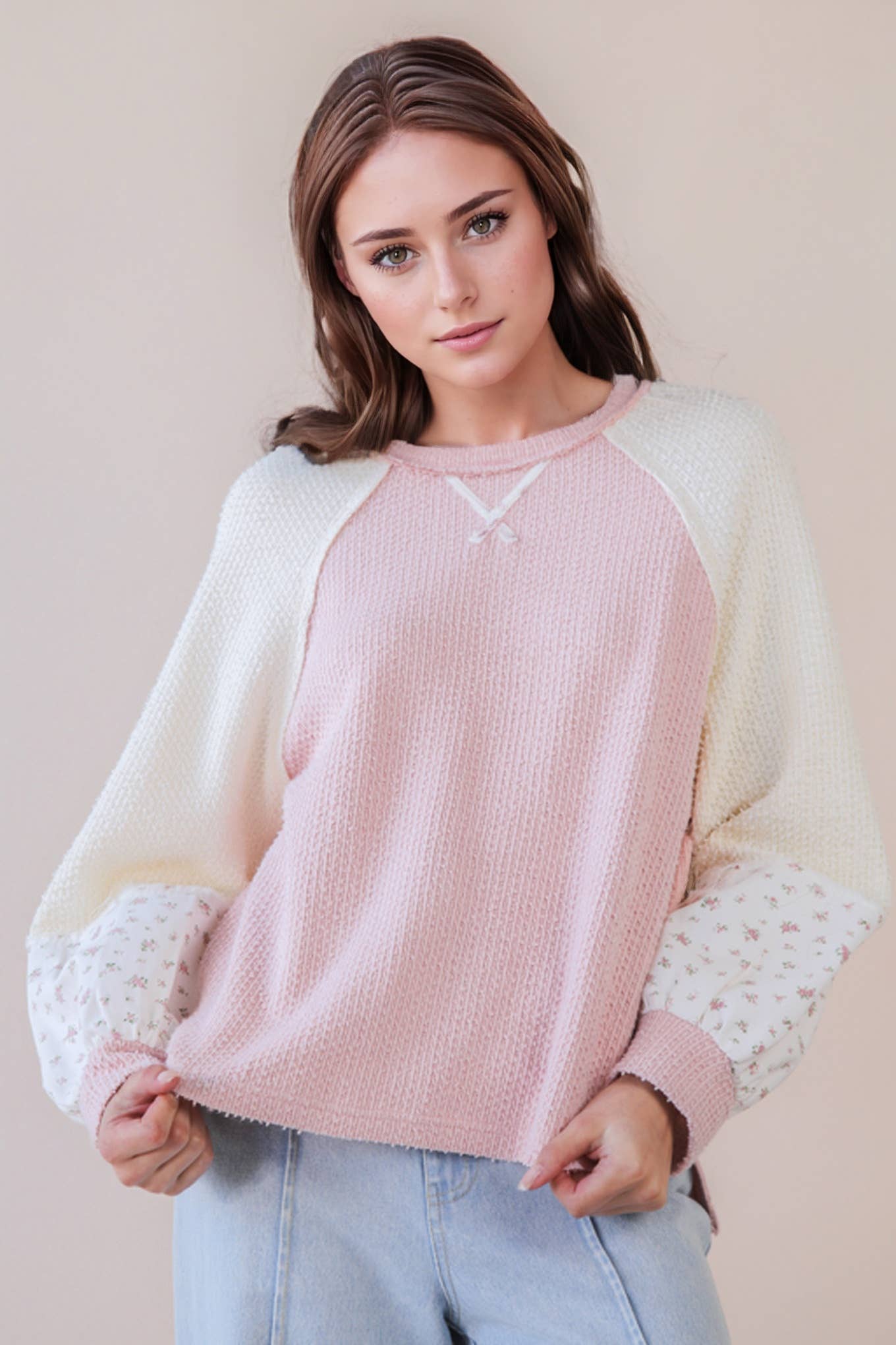 Raglan Color Block Textured Top in Pink
