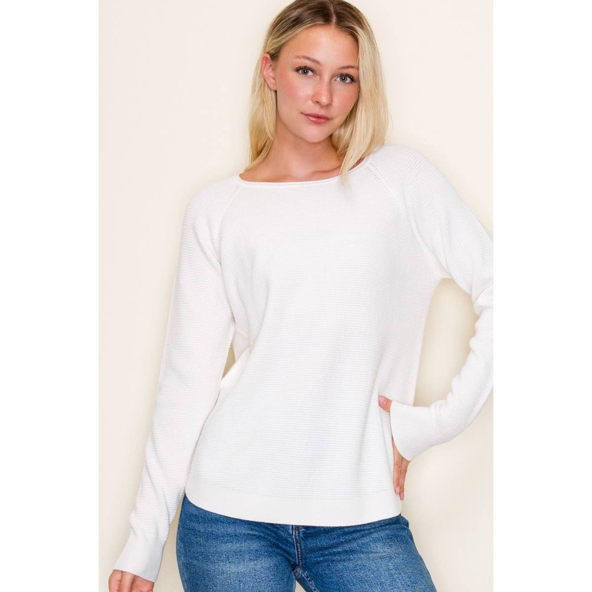 Textured Waffle Sweater in Ivory