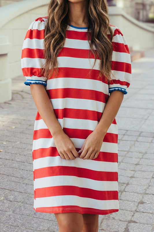 Striped Puff Sleeve Dress in Red