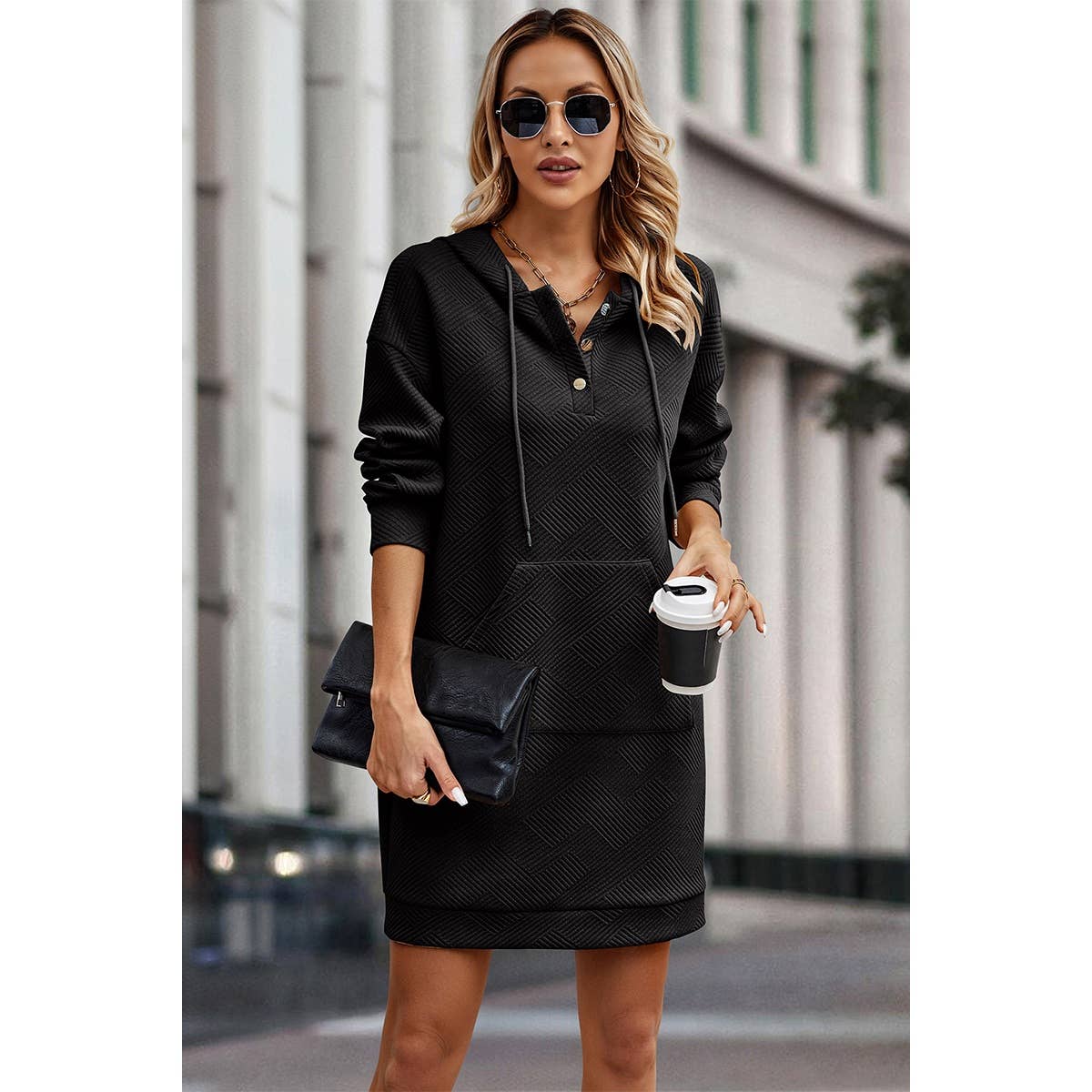 Textured Drop Shoulder Sweatshirt Dress in Black