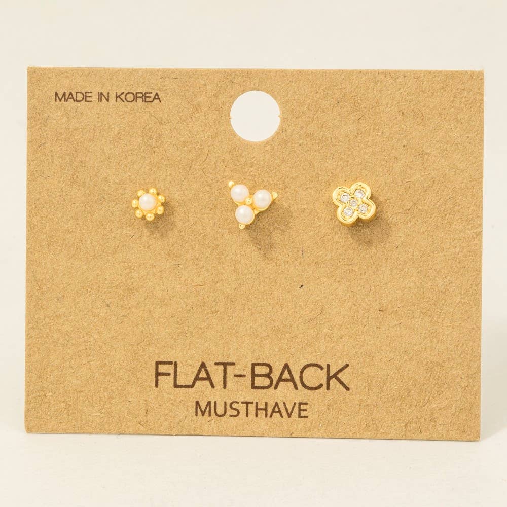 3-Piece Mixed Pearl Flat Back Studs in Gold