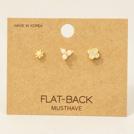 3-Piece Mixed Pearl Flat Back Studs in Gold