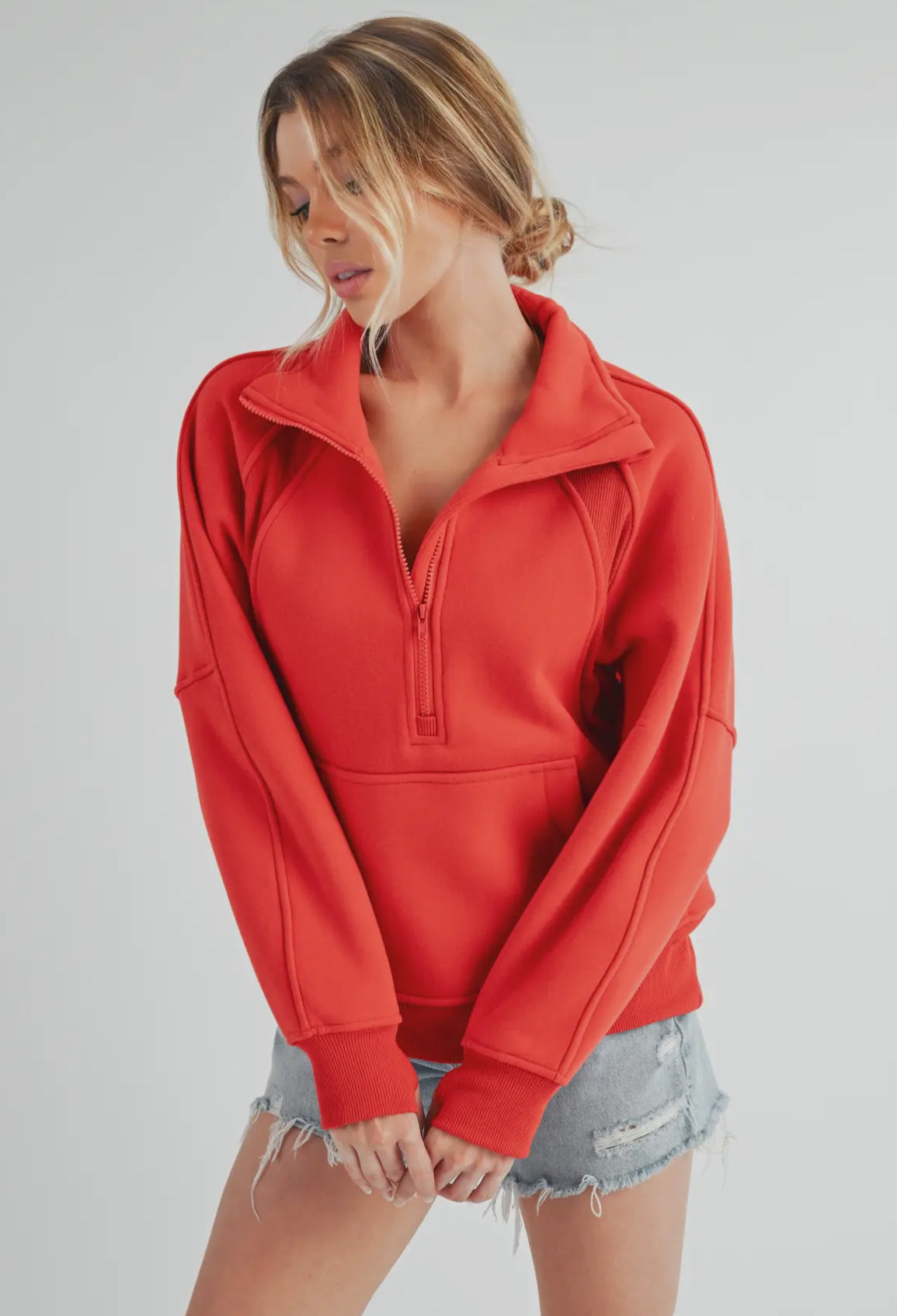 Funnel Neck Half Zip Pullover in Tomato