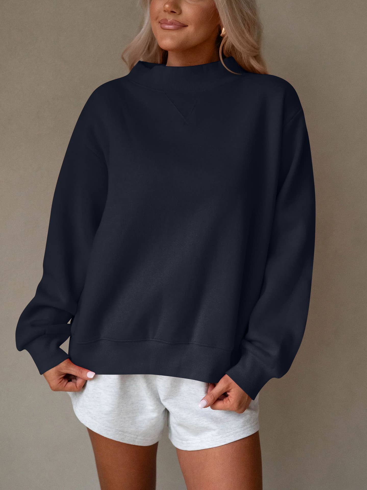 Fleece Mock Neck Pullover in Navy