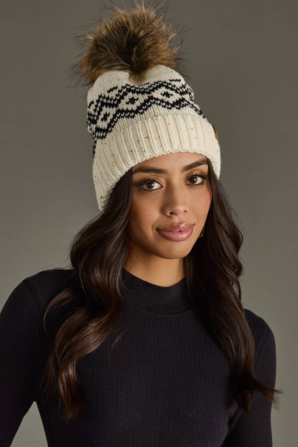 Cream & Speckled Pattern Pom Hat
