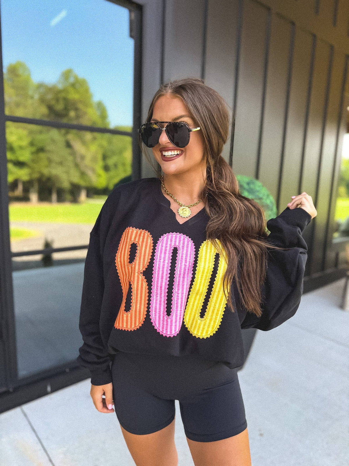 Graphic - Boo Striped Split Neck