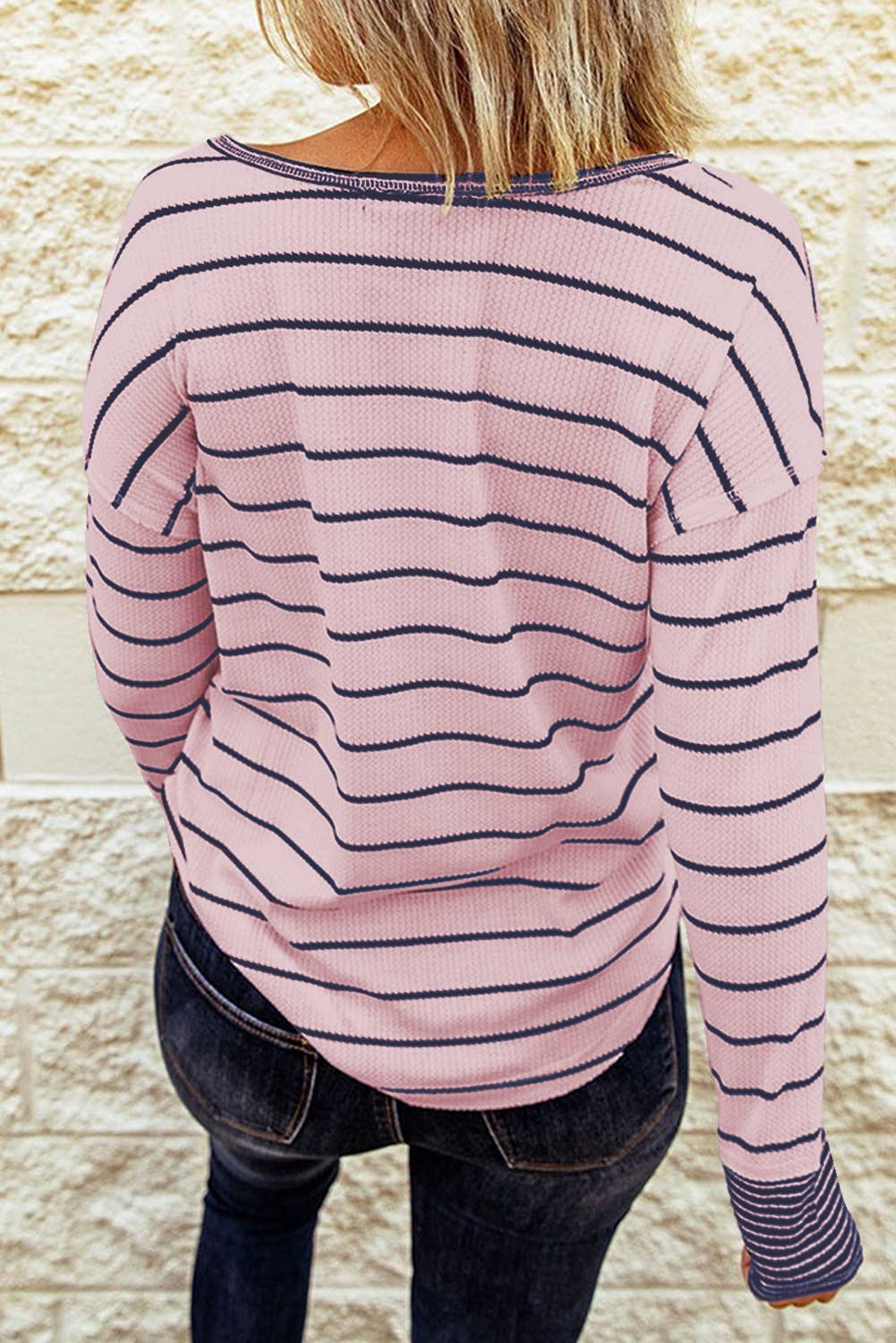 Striped Waffle Button Top in Pink
