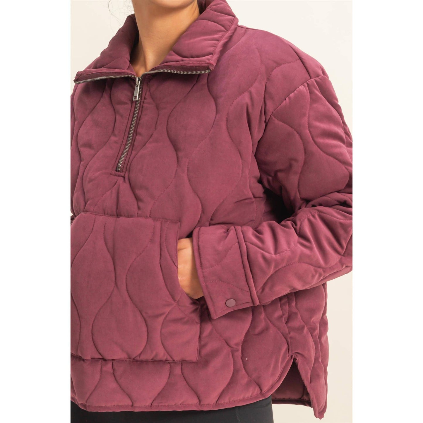 Quilted Half Zip Pullover in Dark Cherry