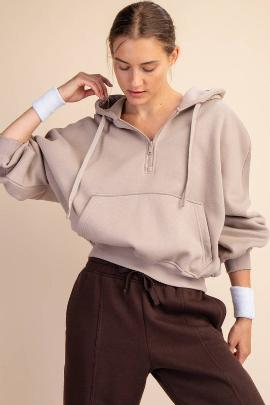 French Terry Fleece Quarter Zip Hoodie in Taupe