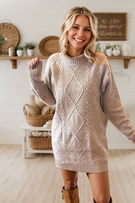 Cable Knit Sweater Dress in Parchment