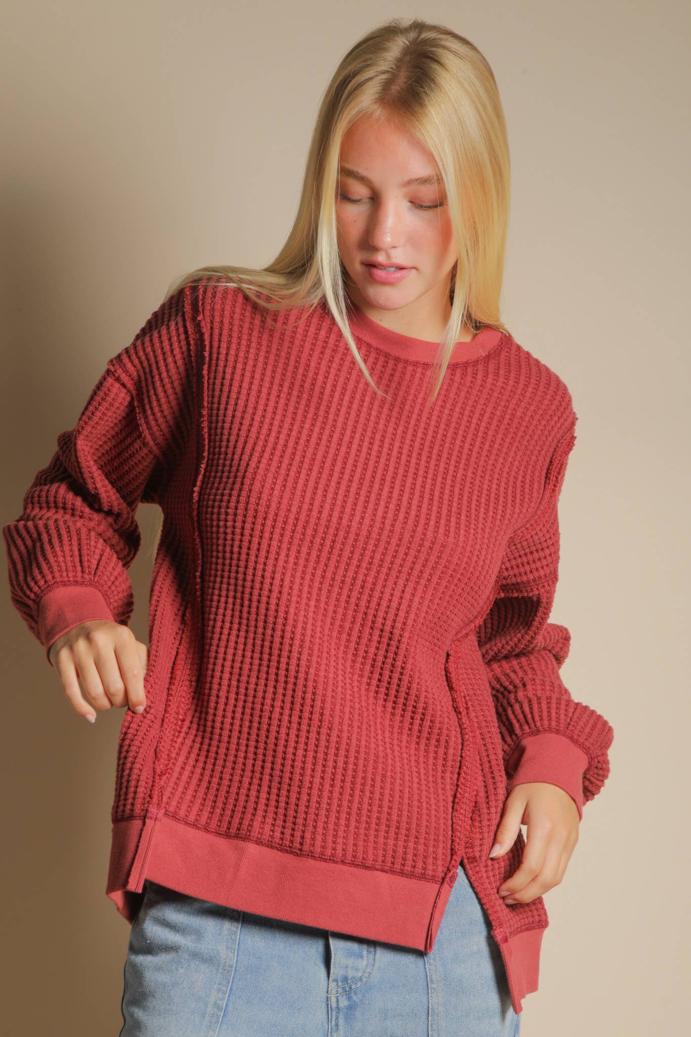 LARGE - Oversized Waffle Knit Casual Top in Burgundy
