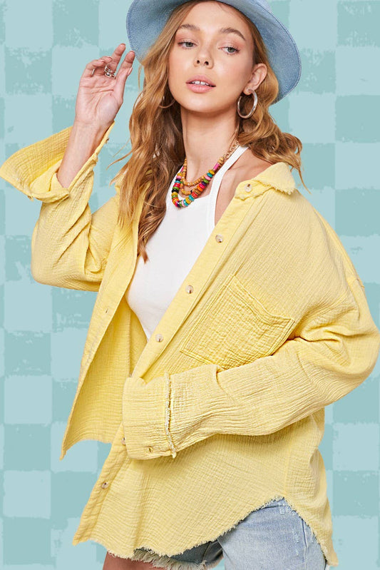 Crinkled Gauze Button Down Shirt in Yellow