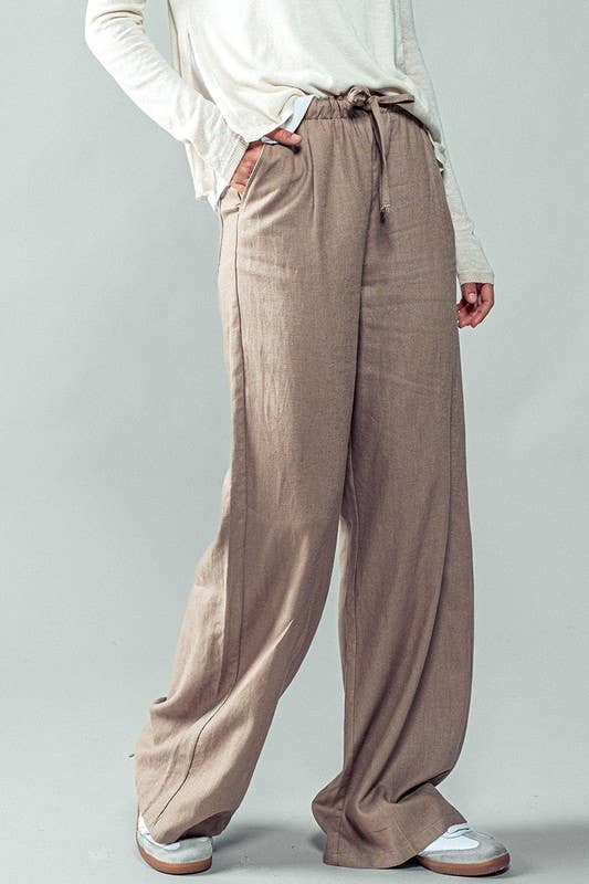 Linen Drawstring Waist Pants in Taupe