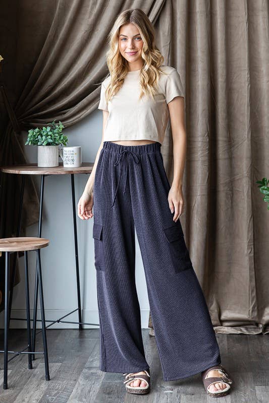 Solid Ribbed Casual Pants in Navy