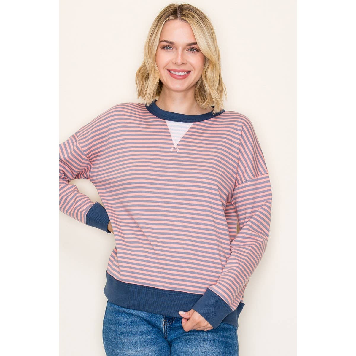 French Terry Striped Sweatshirt in Pink/Charcoal