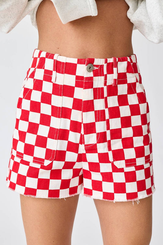 Checkered Denim Shorts in Red