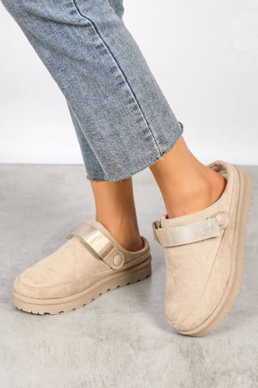 Faux Fur Lined Slip on Mules in Beige