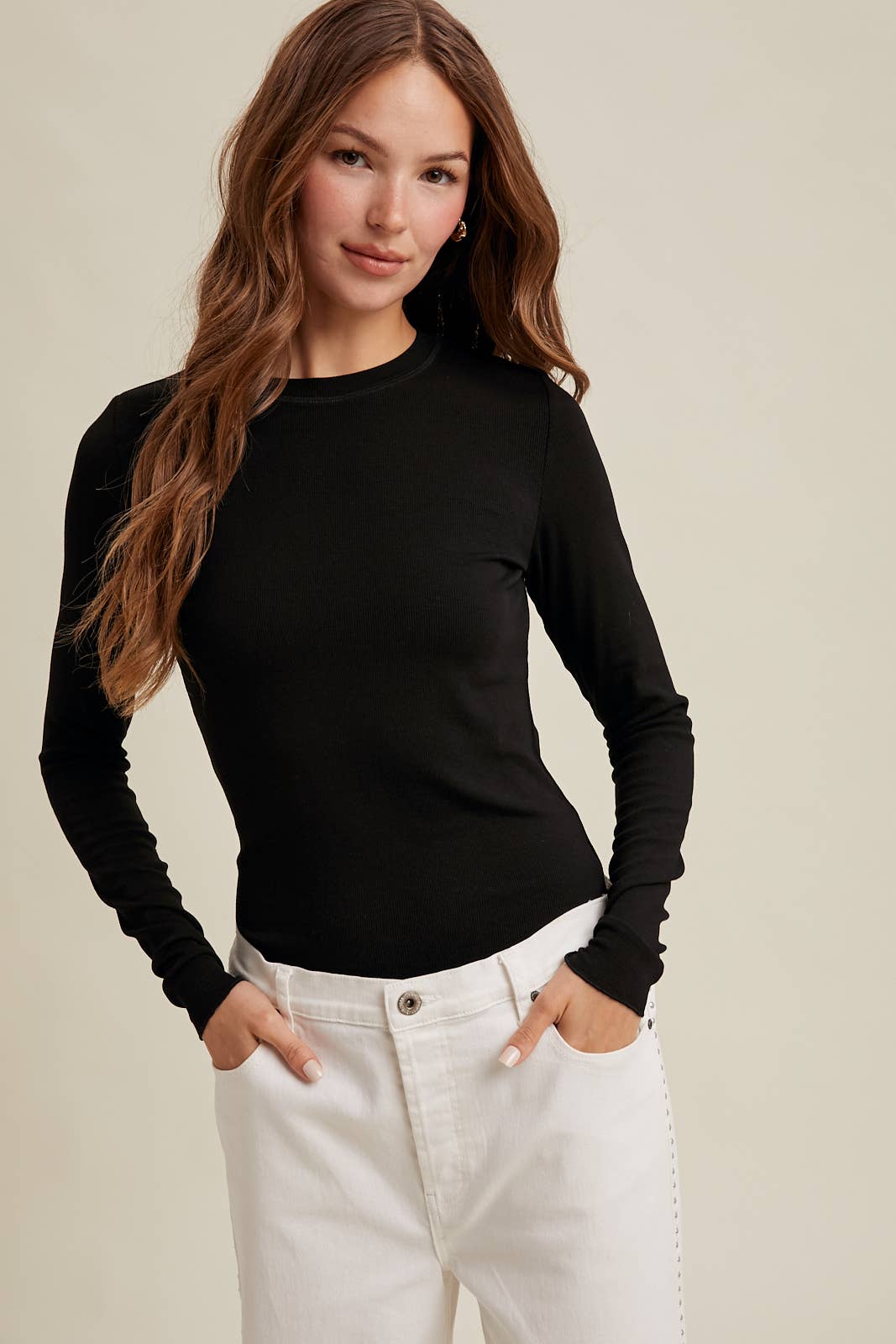 Basic Ribbed Long Sleeve Top in Black