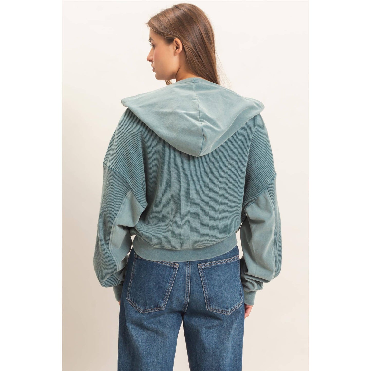 Acid Wash Waffle Knit Hoodie in Teal