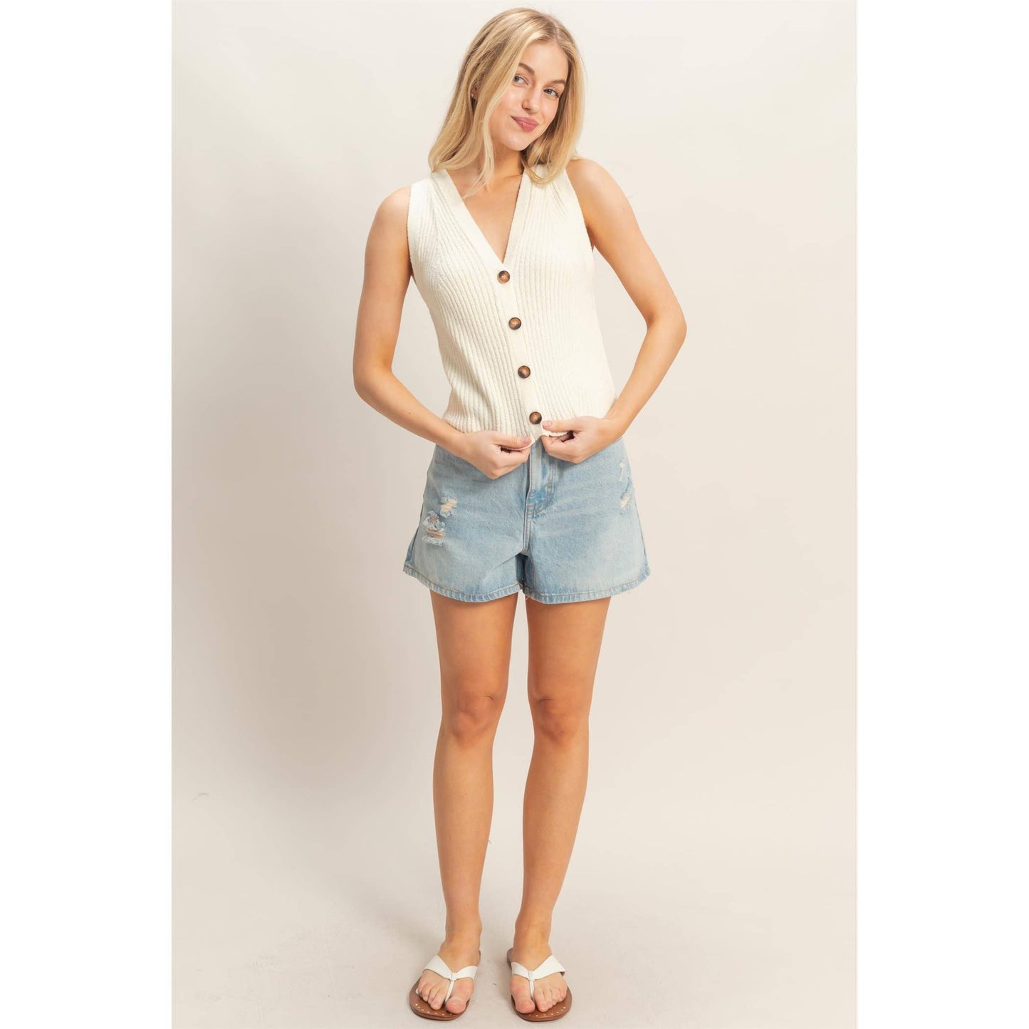 Ribbed V-Neck Tank in Ivory