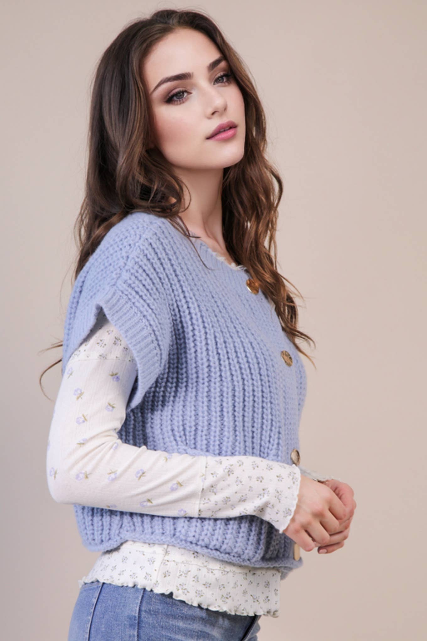 Oversized Button Sweater Top in Blue