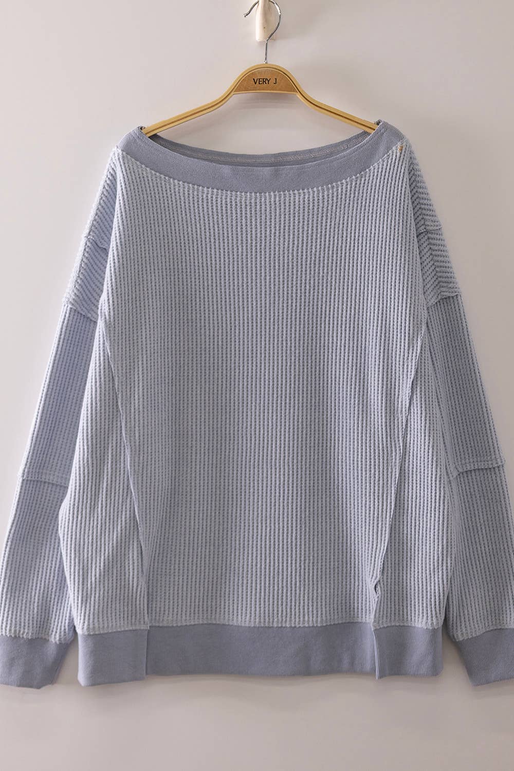 Boat Neck Waffle Top in Blue
