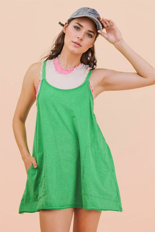 Mineral Washed Mini Dress in Green