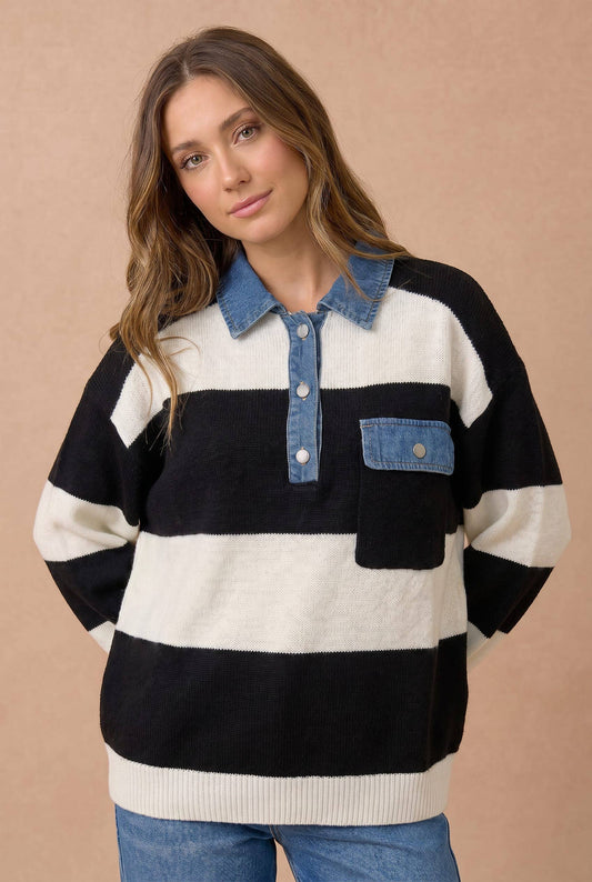 Striped Denim Collar Sweater in Black/Ivory