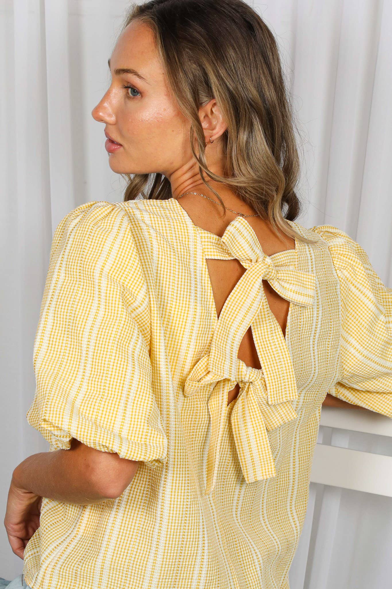 Plaid Bow Back Top in Yellow