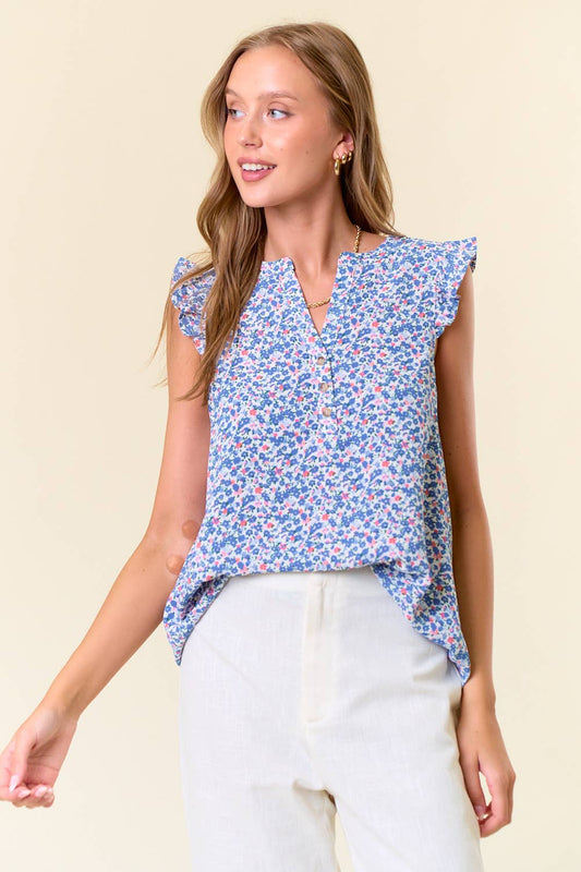 Floral Ruffle Top in Blue