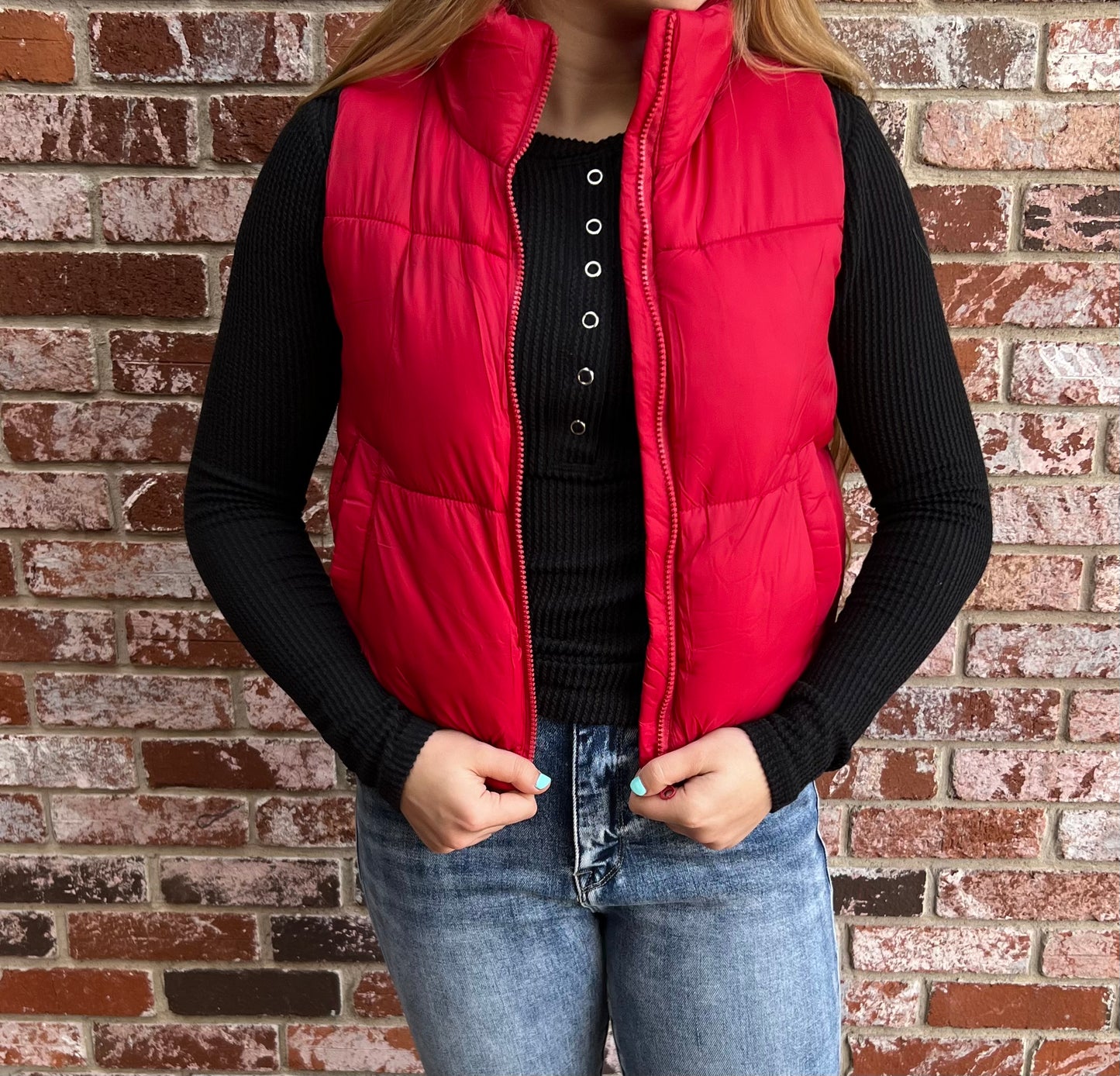High Neck Puffer Vest in Deep Red