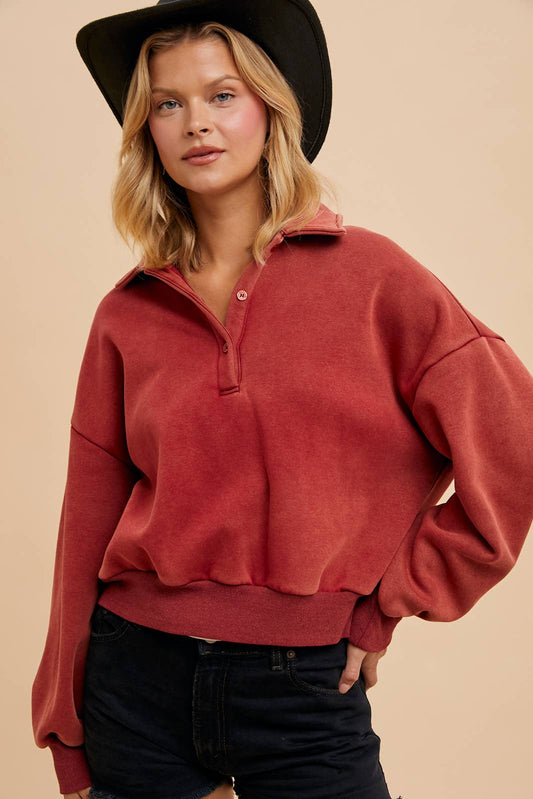 Cropped Collared Pullover in Dark Cranberry