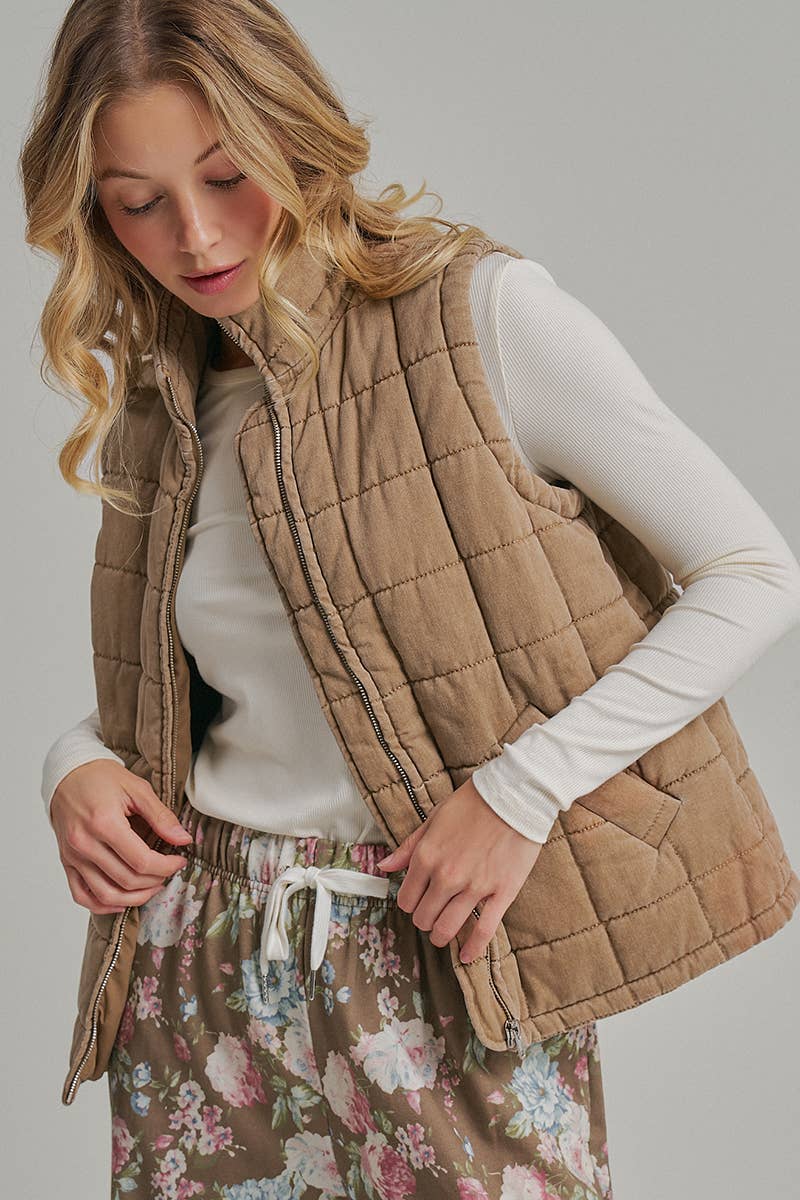 Vintage Washed Quilted Puffer Vest in Taupe