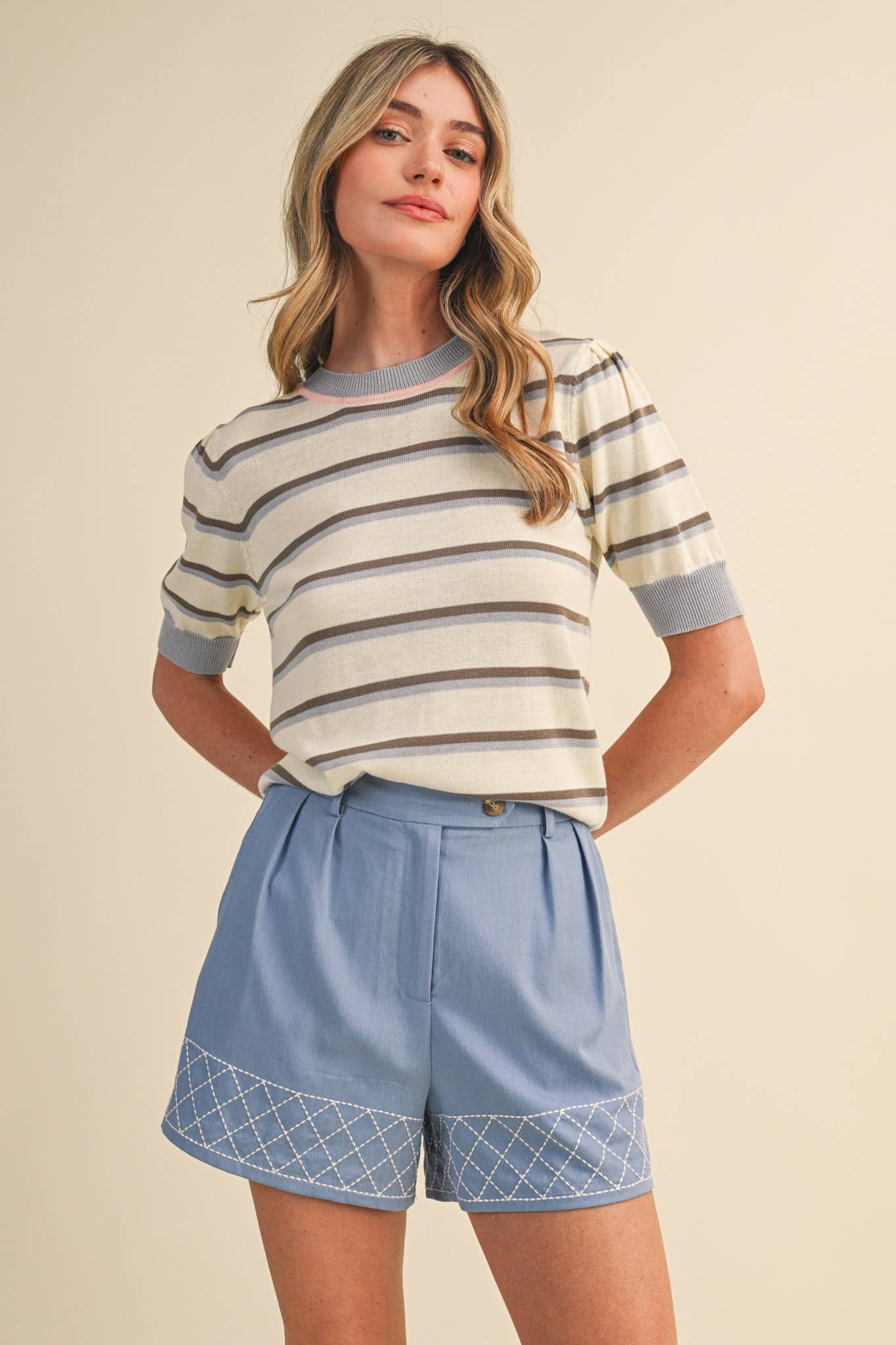 Striped Short Sleeve Top in Light Blue