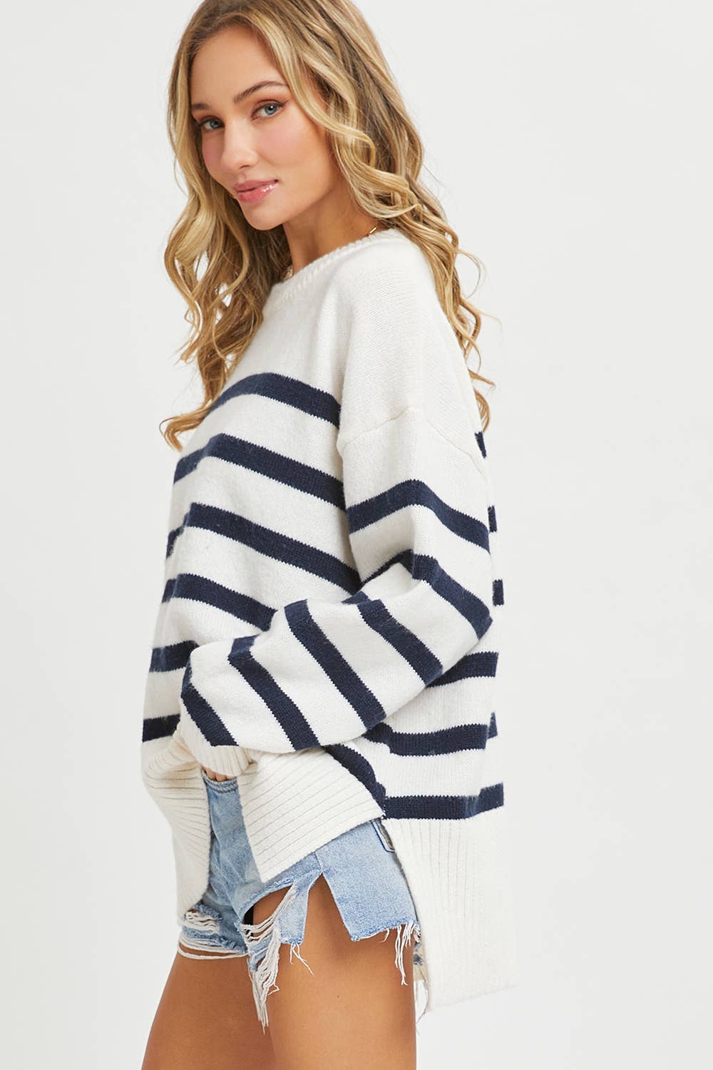 Striped Pullover Sweater in Cream/Navy
