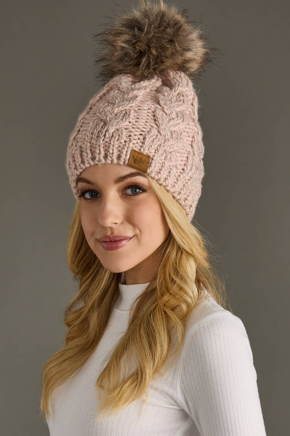 Cable Knit Pom Hat in Blush