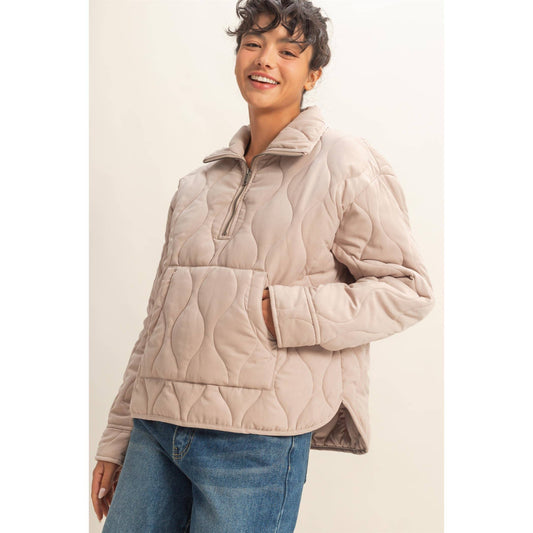 Quilted Half Zip Pullover in Taupe