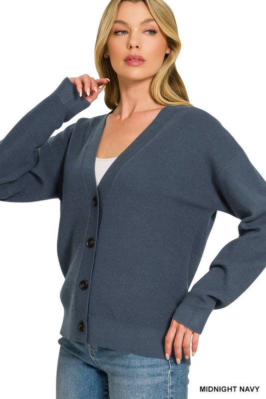 Drop Shoulder Button Cardigan in Midnight Navy