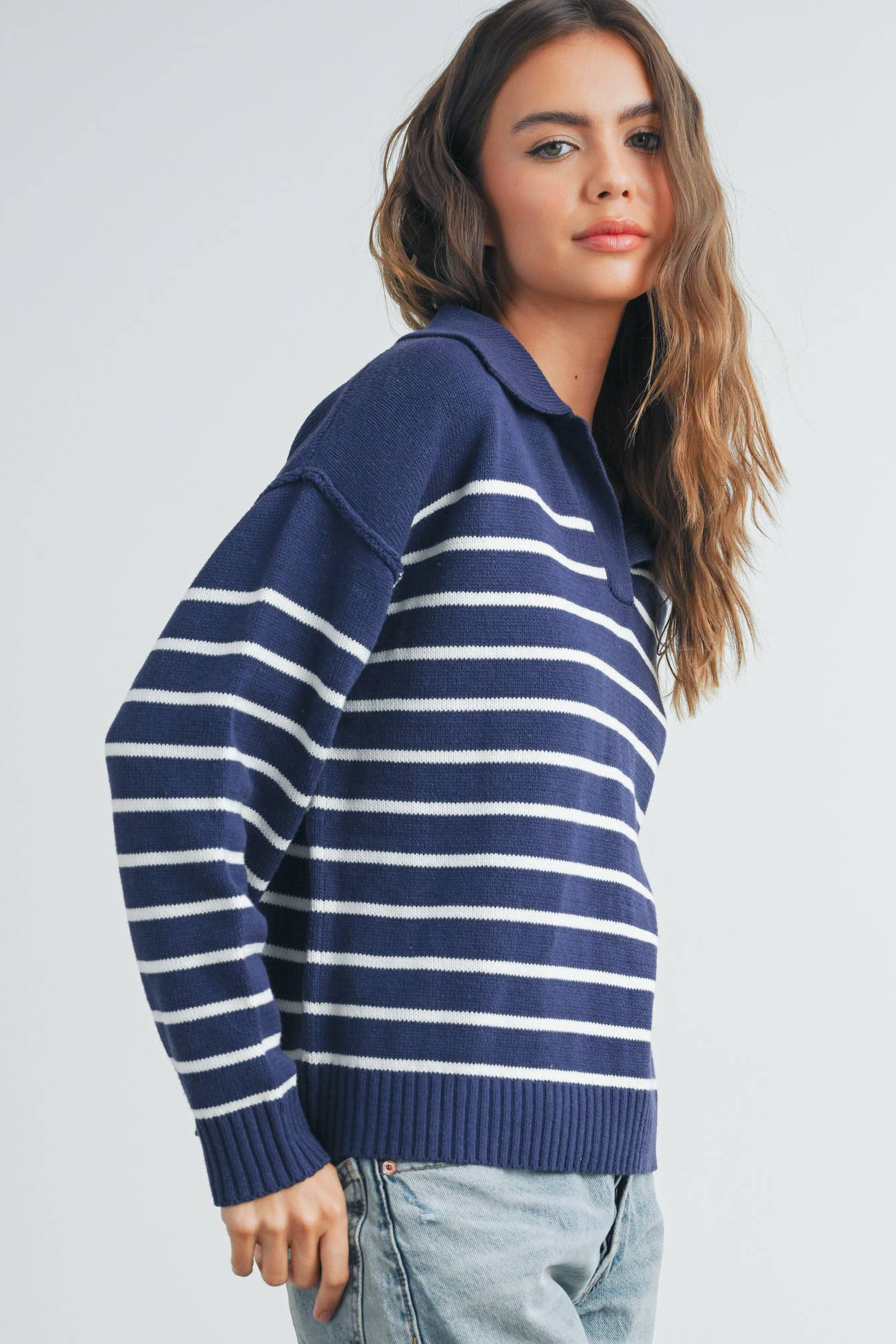 V Neck Striped Sweater in Navy